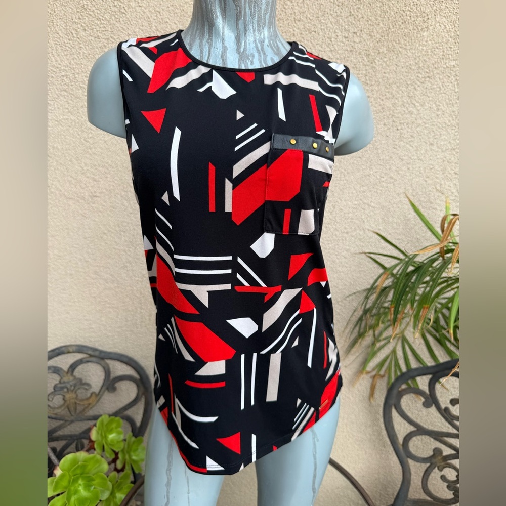 3/$45 Calvin Klein Red and Black Geometric Sleeveless Blouse